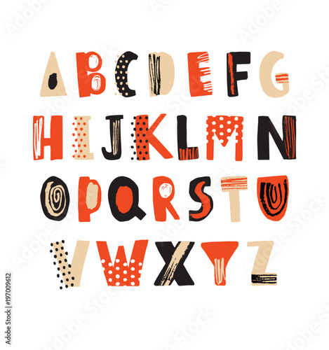 Creative hand drawn latin font or hipster english alphabet decorated with dots and scribbles