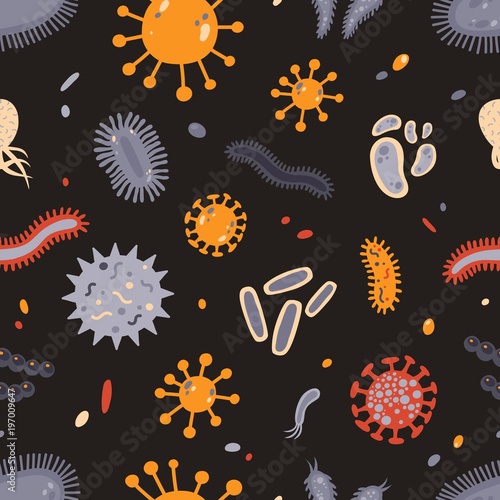 Colorful seamless pattern with different microscopic organisms on black background - microbes, germs, disease causing bacteria and viruses. Flat vector illustration for wallpaper, textile print.
