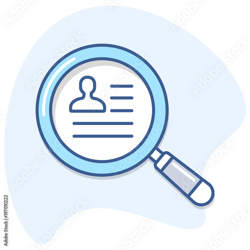Human resources/ Magnifying glass and employee cv search vector icon.