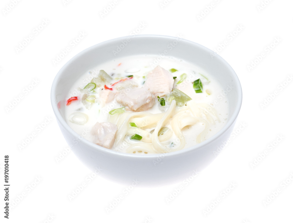 Bowl of thick chicken soup over white background Bowl of thick chicken soup over white background