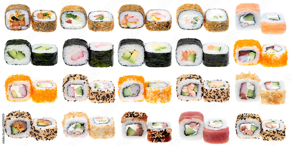 Collage of a sushi roll isolated over white background Collage of a sushi roll isolated over white background