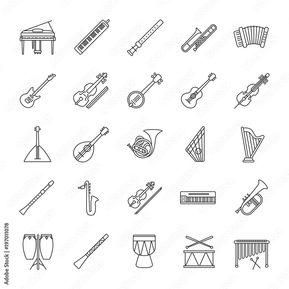Fototapeta Musical instruments linear icons set