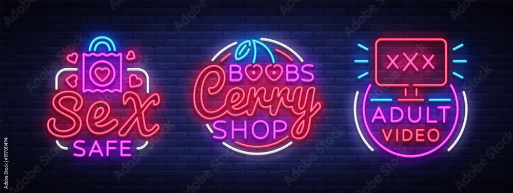 Sex shop neon signs collection. Sex Industry is the concept of neon adult logos. Neon sign, design element. Intimate store, Adult videos, Boobs. Bright nightly advertising. Vector illustration
