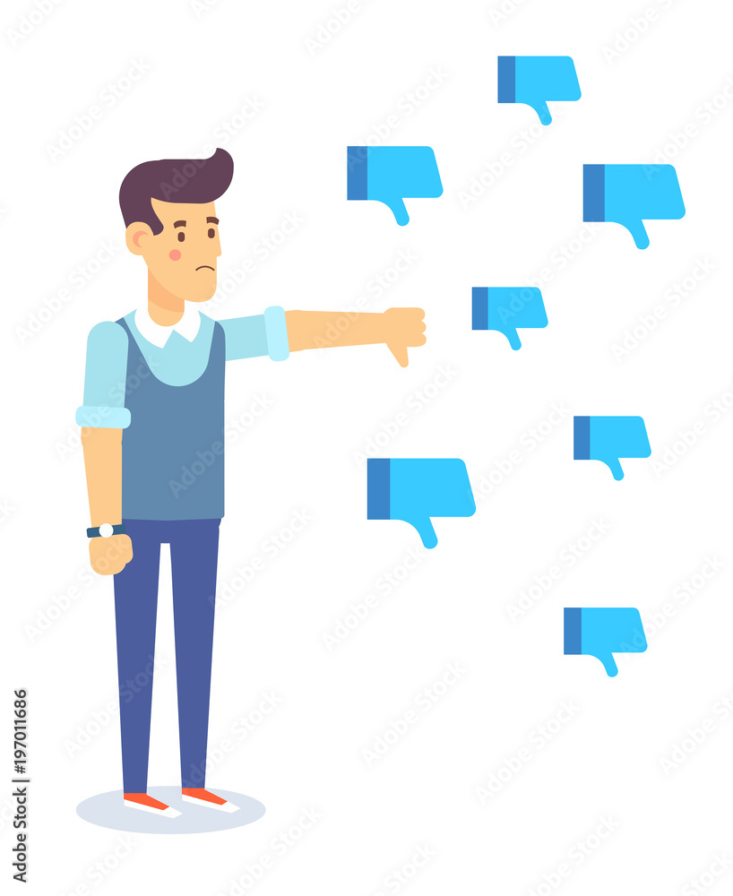 Man expressing negativity. Thumbs Down, dislike. Flat vector illustration. Man expressing negativity. Thumbs Down, dislike. Flat vector illustration.