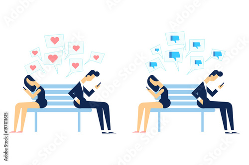 People communication. Like and dislike. Man and woman expressing negativity. Thumbs Down, Thumbs Up.  Flat vector illustration. © Oksana