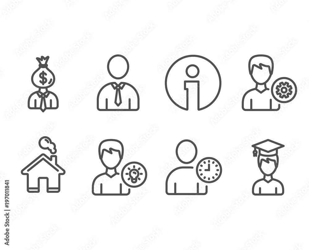Set of Manager, Time management and Human icons. Person idea, Support and Student signs. Work profit, User with clock, Person profile. Lamp energy, Edit profile, Graduation cap. Vector Set of Manager, Time management and Human icons. Person idea, Support and Student signs. Work profit, User with clock, Person profile. Lamp energy, Edit profile, Graduation cap. Vector