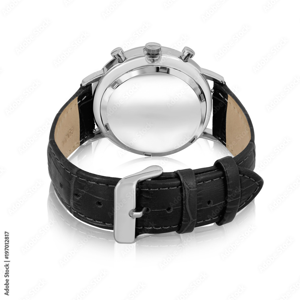 Back view of back leather strap wrist watch and stainless steel material  back side of dial make it more comfortable. And its panel make it  adjustable in any hand easily. Stock Photo