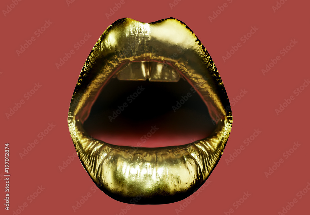 Golden lips, glamorous lipstick, gold on woman's mouth. Golden open mouth of young woman. Fashionable cosmetics, shocking makeup. Gold and luxury, rich sensual woman. Brilliant shiny lipstick kiss Golden lips, glamorous lipstick, gold on woman's mouth. Golden open mouth of young woman. Fashionable cosmetics, shocking makeup. Gold and luxury, rich sensual woman. Brilliant shiny lipstick kiss