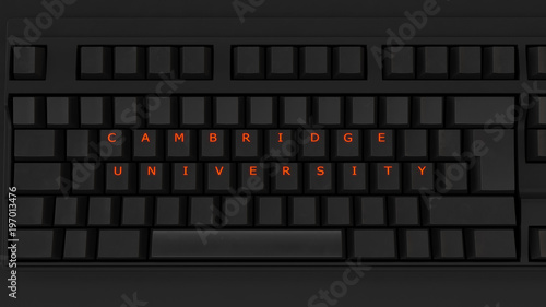 Close Up of Illuminated Glowing Keys on a Black Keyboard Spelling Cambridge University 3d illustration Editorial Manchester UK 19th March 2018 Data breach scandal  photo