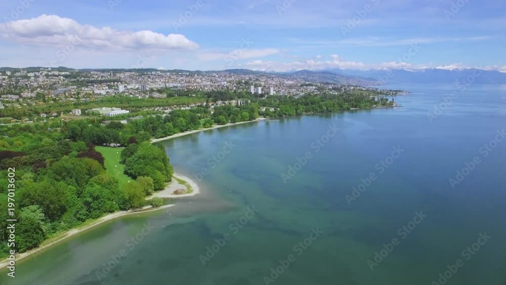 Lausanne IOC capital Switzerland aerial shot. Olympic Headquarter by the lake Lausanne IOC capital Switzerland aerial shot. Olympic Headquarter by the lake