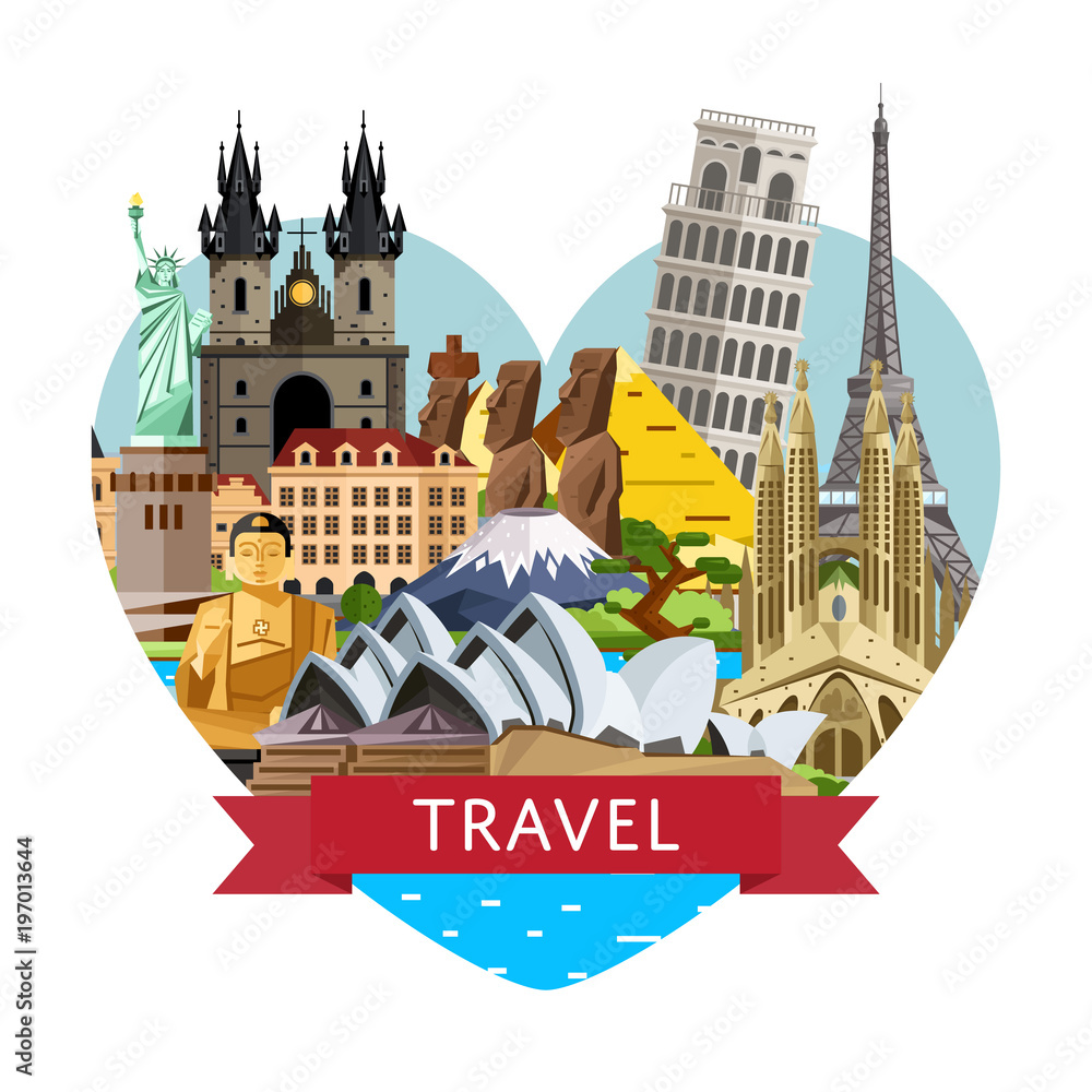 Worldwide travel banner with Eiffel Tower, Leaning Tower, Taj Mahal and  others famous traditional and modern attractions. Time to travel concept.  Worldwide traveling. World landmarks in heart frame. Stock-Vektorgrafik |  Adobe Stock