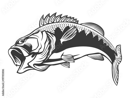 Fishing logo. Bass fish with rod club emblem. Fishing theme illustration. Isolated on white.