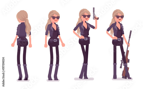 Secret agent woman, lady spy of intelligence service standing