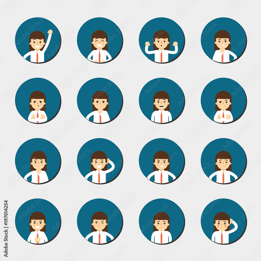 Cartoon girl in various poses and facial expressions. People emotional round icons isolated on white background, vector illustration. Collection of female avatars faces. Different emotions icon set. Cartoon girl in various poses and facial expressions. People emotional round icons isolated on white background, vector illustration. Collection of female avatars faces. Different emotions icon set.