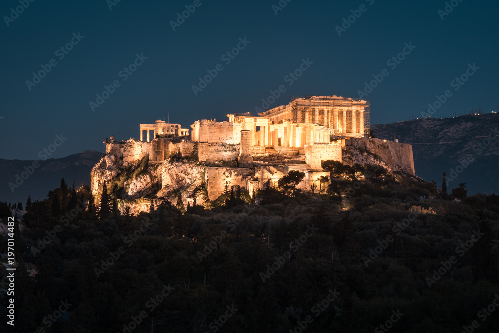 Night view of Parthenon temple on the Acropolis of Athens,Greece