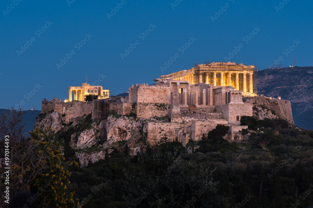 Night view of Parthenon temple on the Acropolis of Athens,Greece