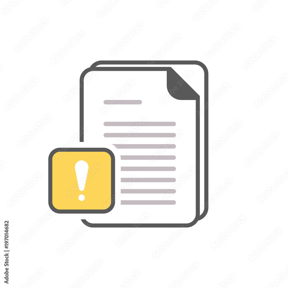Document icon with exclamation mark. Document icon and alert, error, alarm, danger symbol Document icon with exclamation mark. Document icon and alert, error, alarm, danger symbol
