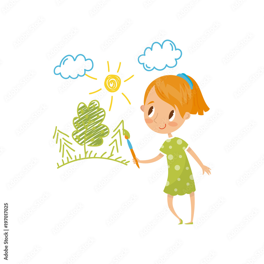 Sweet little girl painting nature with color paints and brush on the wall, young artist, kids activity routine vector Illustration on a white background Sweet little girl painting nature with color paints and brush on the wall, young artist, kids activity routine vector Illustration on a white background
