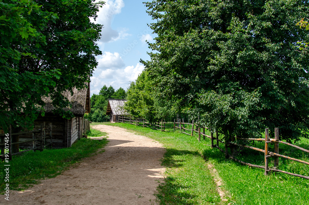Old village street in sunny summer day with ground pathway, green grass and trees, and traditional pole fence