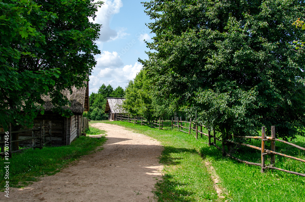 Old village street in sunny summer day with ground pathway, green grass and trees, and traditional pole fence Old village street in sunny summer day with ground pathway, green grass and trees, and traditional pole fence