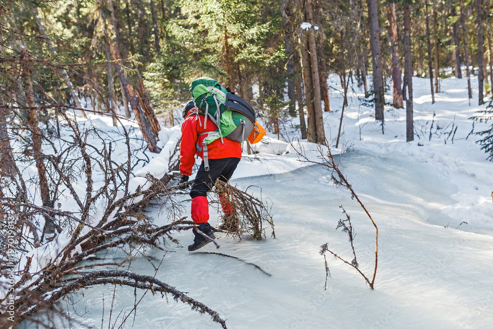 Φωτογραφία Hiker a frozen creek passes through the ice in a winter trekking in the forest