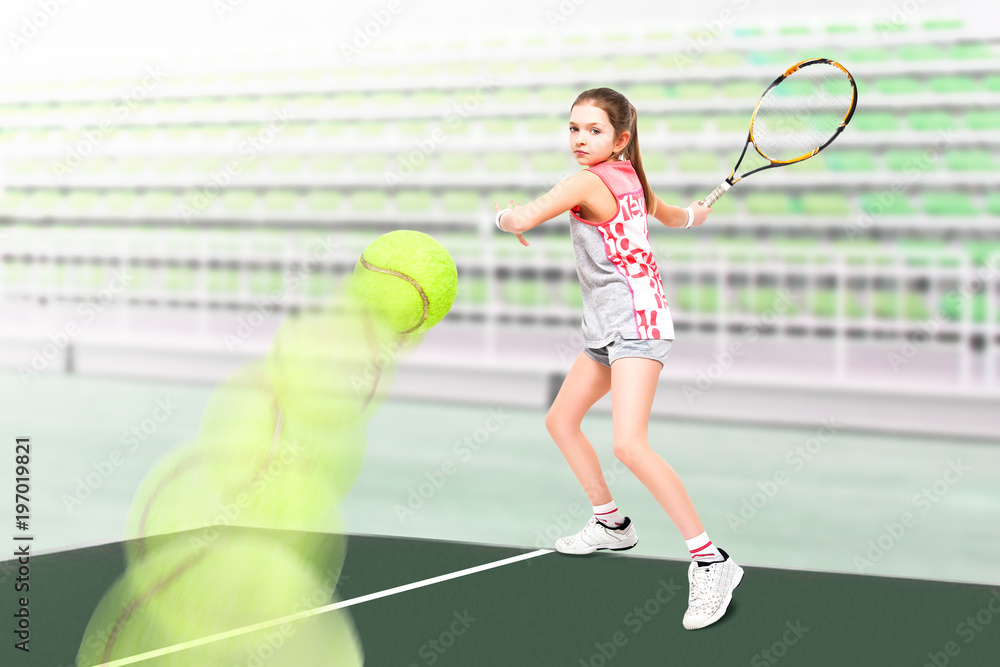 Portrait of a young beautiful girl tennis player on the background stadium