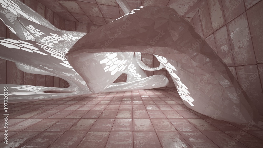 Empty smooth abstract room interior of sheets rusted metal and brown concrete. Architectural background. Night view of the illuminated. 3D illustration and rendering Empty smooth abstract room interior of sheets rusted metal and brown concrete. Architectural background. Night view of the illuminated. 3D illustration and rendering