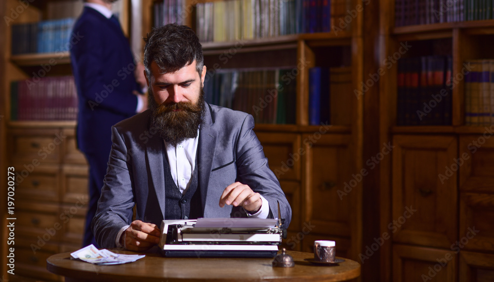 Writing and literature concept. Man with beard and busy face Writing and literature concept. Man with beard and busy face