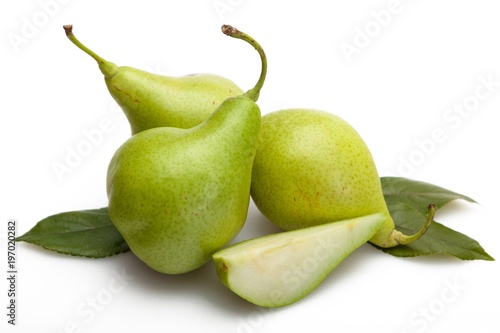 Green Pears with Slice and Leaves