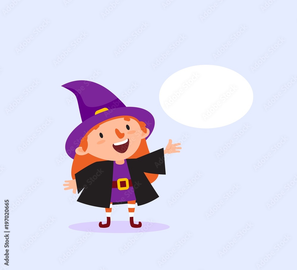 Halloween Witch with bubble for text Girl in witch costume smiling Isolated Vector Halloween Witch with bubble for text Girl in witch costume smiling Isolated Vector