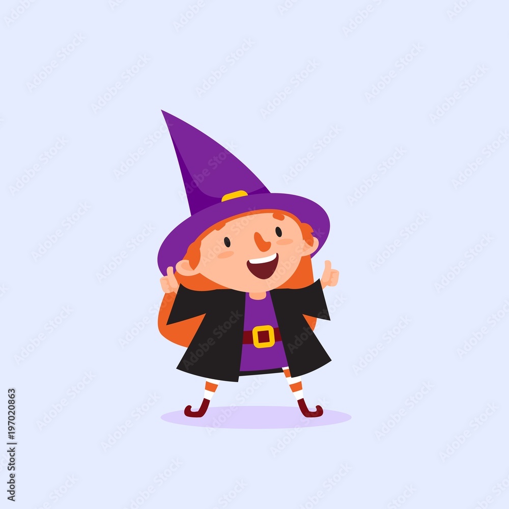 Halloween Witch holding thumbs up gesture of approval Girl in witch costume Isolated object Vector