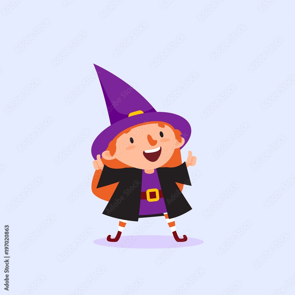 Halloween Witch holding thumbs up gesture of approval Girl in witch costume Isolated object Vector Halloween Witch holding thumbs up gesture of approval Girl in witch costume Isolated object Vector