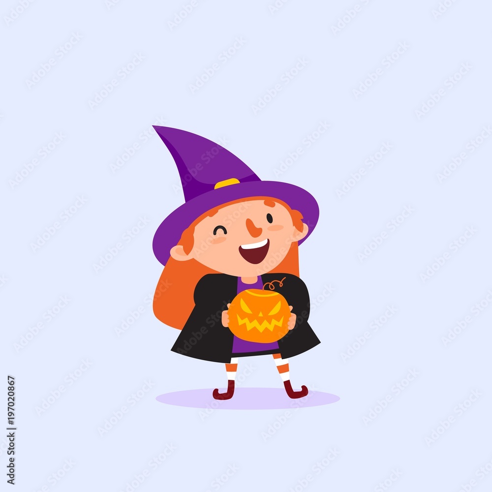 Halloween Witch holding pumpkin in hands and laughing Vector illustration Halloween Witch holding pumpkin in hands and laughing Vector illustration