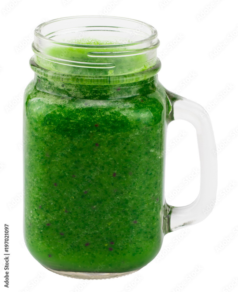 Healthy green smoothie with straw in a jar mug isolated on white Healthy green smoothie with straw in a jar mug isolated on white