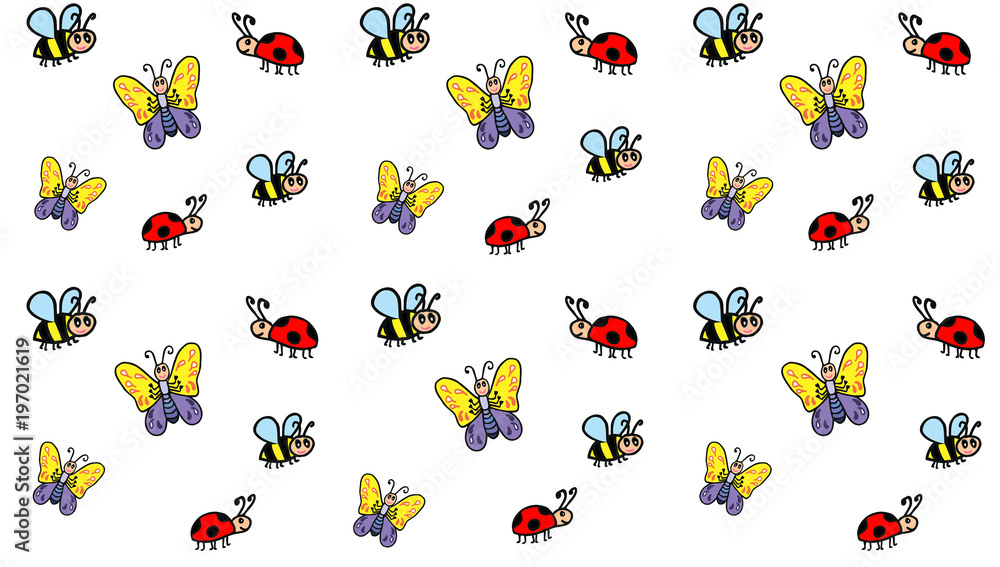 Cartoon insects children's pattern. A butterfly, a bee, a ladybug in the style of doodle is a seamless pattern