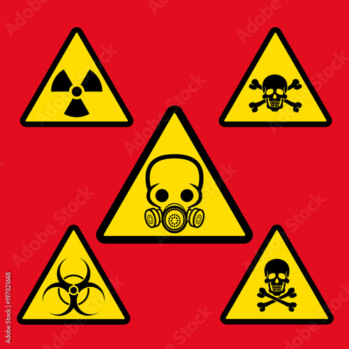 Warning signs of danger. Signs of danger are chemical hazards, bacteriological danger, radiation, and skulls. signs in yellow triangles. Vector illustration.