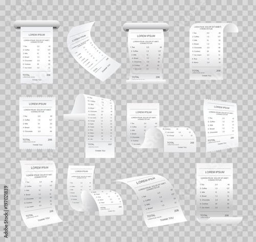 Vector illustration set of realistic paper checks, bills, various receipts and printed bills on transparent background.