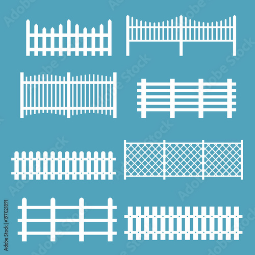 Vector illustration set of different fences white color. Rural silhouettes wooden fences, pickets vector for garden in flat style.