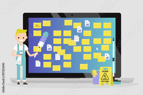 Young character cleaning up the desktop folders. Computer files. Mess. Conceptual vector illustration, clip art