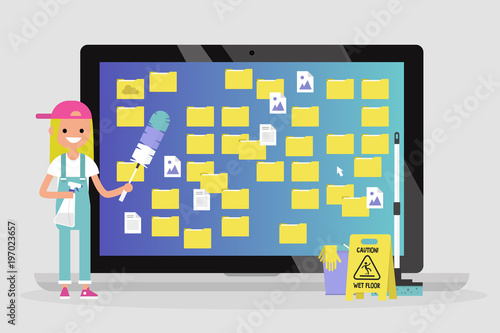 Young female character cleaning up the desktop folders. Computer files. Mess. Conceptual vector illustration, clip art