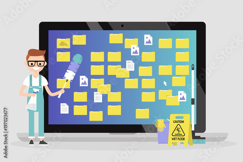 Young character cleaning up the desktop folders. Computer files. Mess. Conceptual vector illustration, clip art