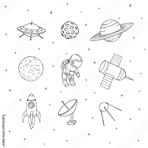 Hand drawn vector space elements outline: cosmonaut, satellites, rocket, planets, moon and UFO. Cosmos set isolated on the white background.