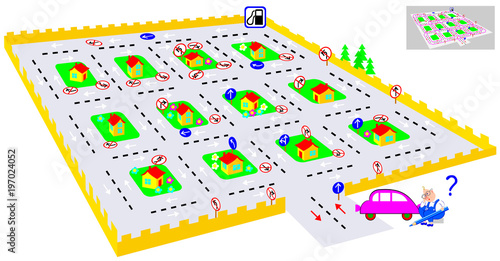 Logic puzzle game with labyrinth. Find the way till petrol station and turn back respecting traffic signs. U-turns are prohibited. Vector image.