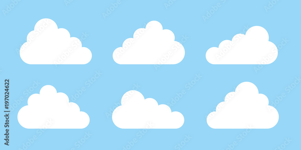 Set of Cloud Icons or symbol in flat design, isolated on blue background, for your web site design or logo