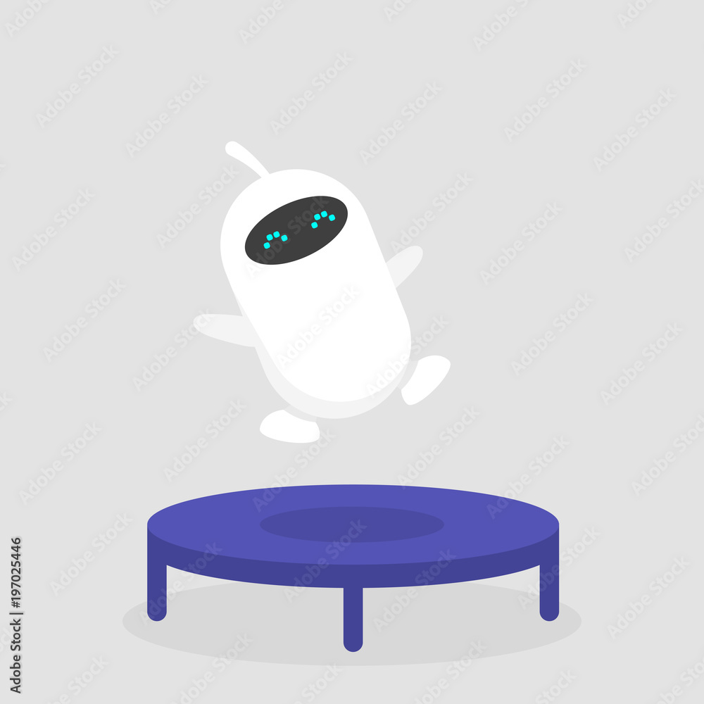 Vecteur Stock Cute white robot jumping on a trampoline. Active leisure.  Flat editable vector illustration, clip art | Adobe Stock