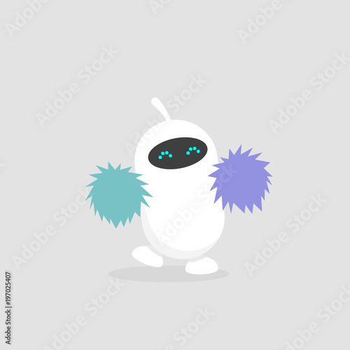 Cute dancing robot. Cheerleader with pom poms. Artificial intelligence. Mascot. Flat editable vector illustration clip art