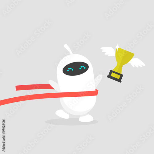 Cute white running robot crossing the finish line. Red ribbon and golden cup. Race. Competition. Flat editable vector illustration, clip art