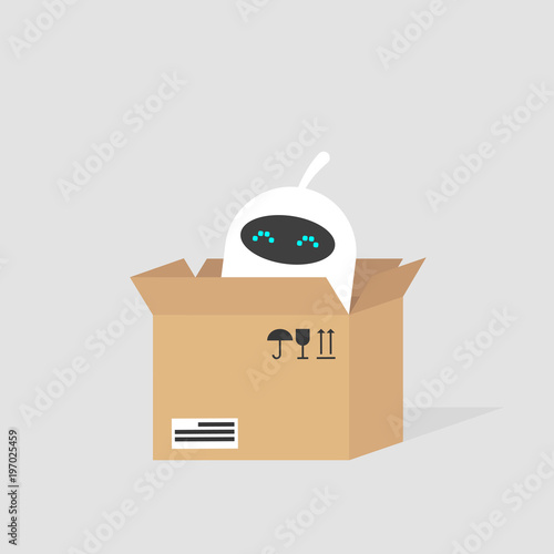 Cute white robot sitting in the cardboard box. Delivery service. Concept. Flat editable vector illustration, clip art