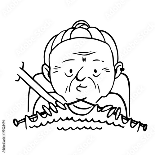 Grandma knitting in car. Vector isolated outline hand drawn illustration of old lady.