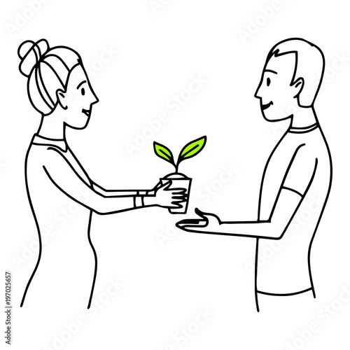 Woman giving a pot with plant to a man. Lifestyle situation illustration. Vector isolated outline sketch.